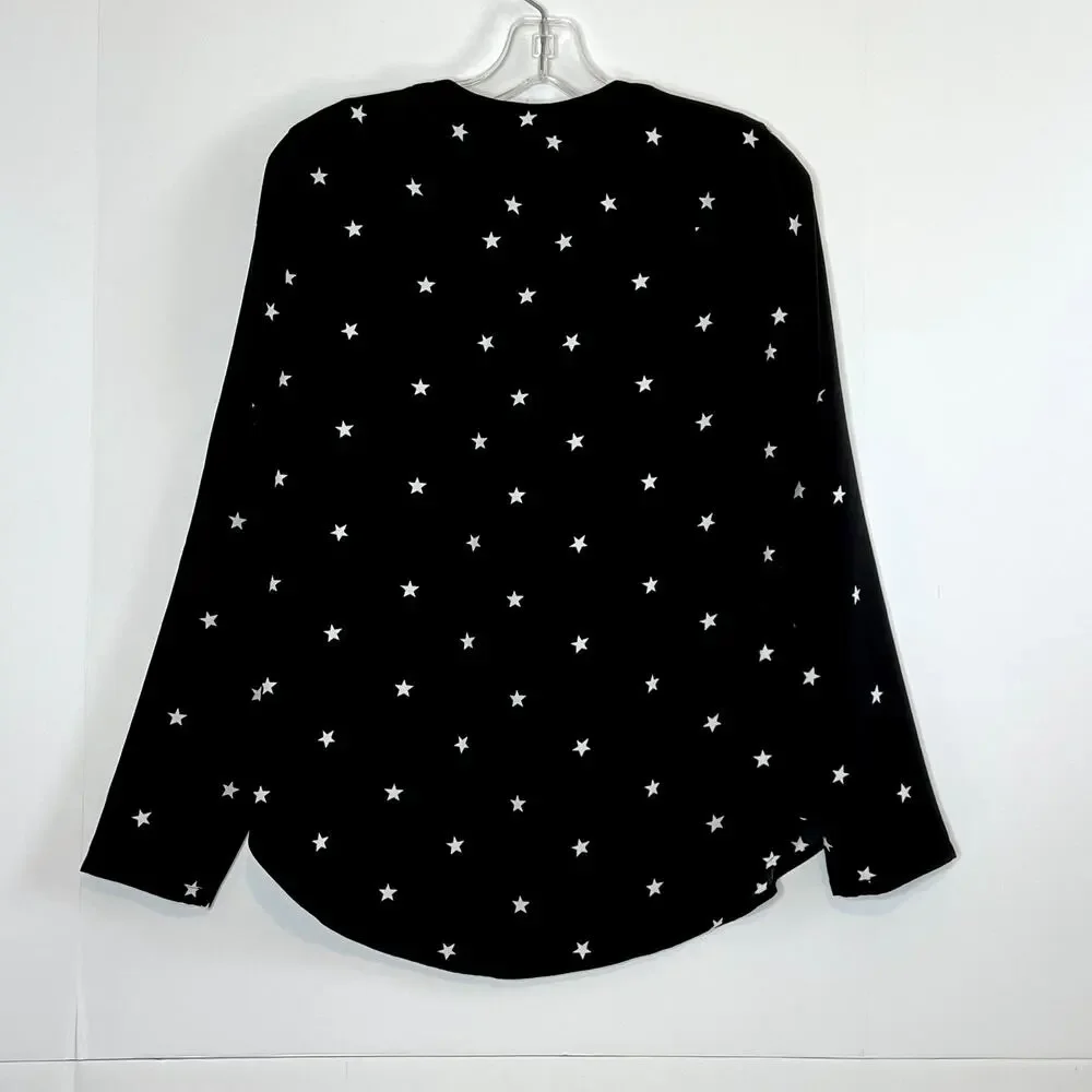 J. Crew Long Sleeve V Neck Star Popover Blouse Black White Womens XS